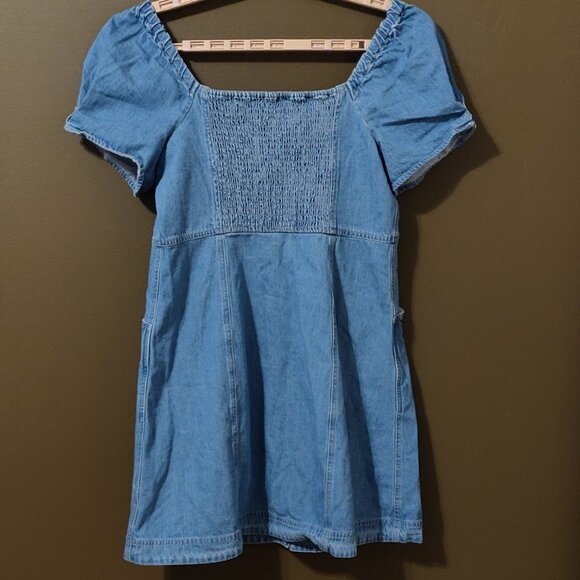 Madewell Denim Puff Sleeve Smocked Mini Dress SIZE 12 - Picture 4 of 7